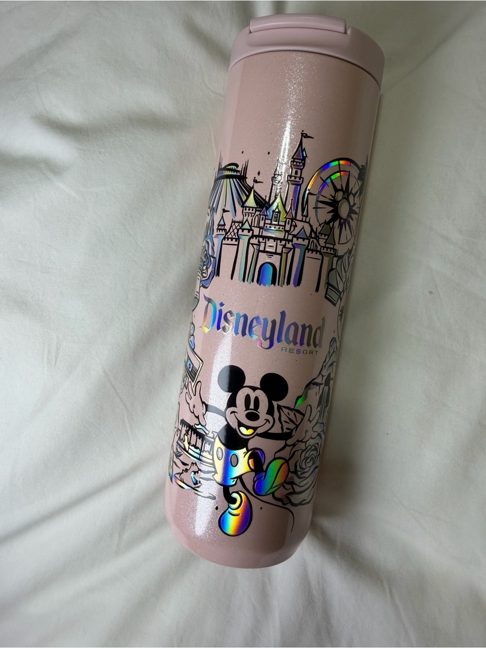 Disney Pink Holographic Disneyland Castle & Mickey Travel Tumbler